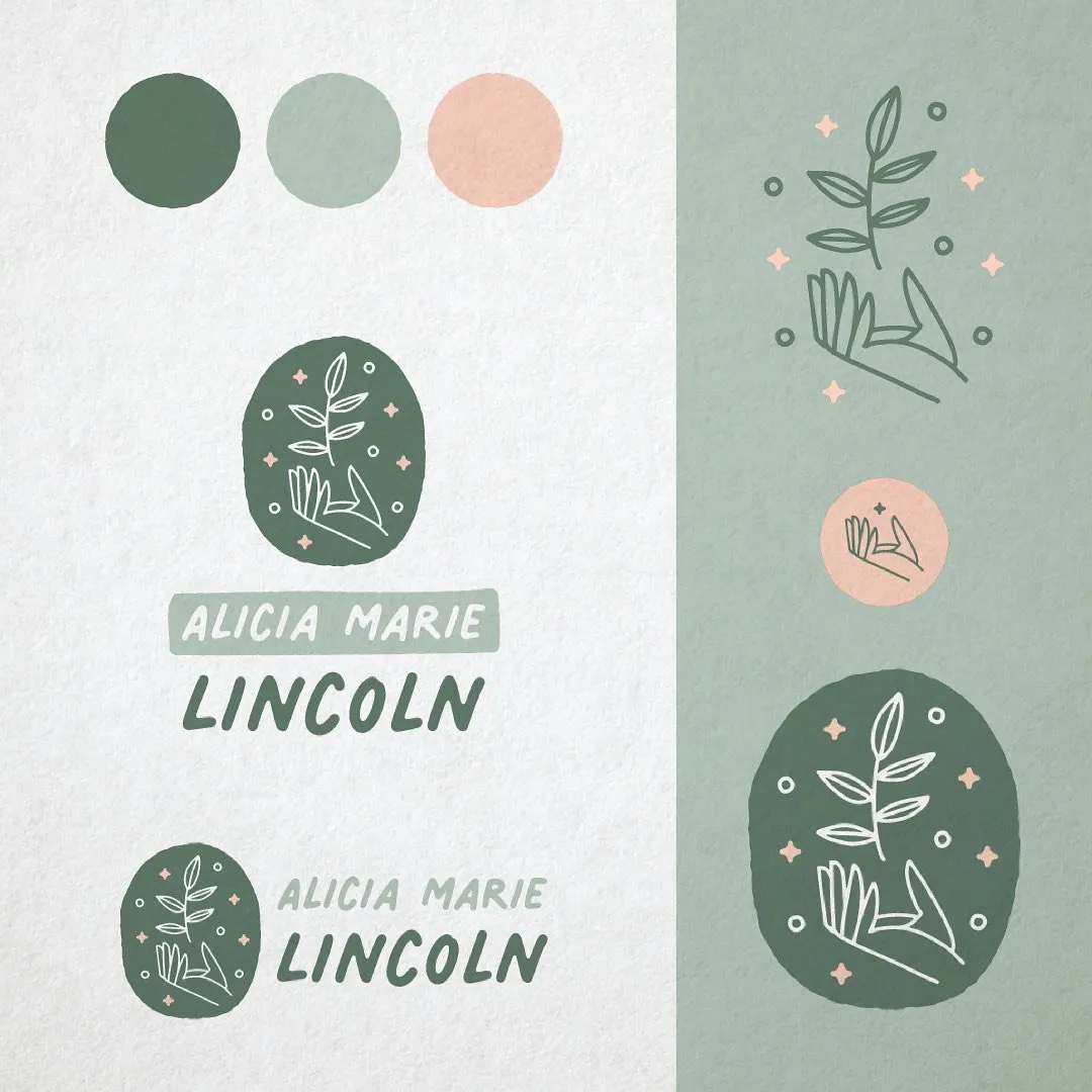 Alicia Marie Lincoln identity — palette, hand-drawn florals, and logo lockups