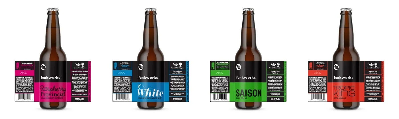 Four Funkwerks bottles with the updated label system in pink, blue, green, and orange