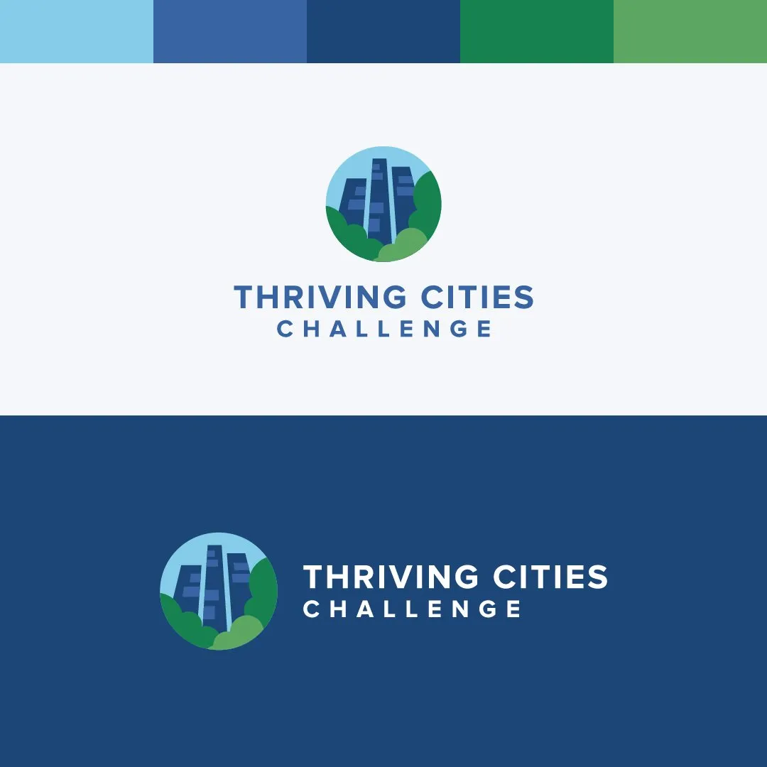 Thriving Cities Challenge logo on light and navy backgrounds