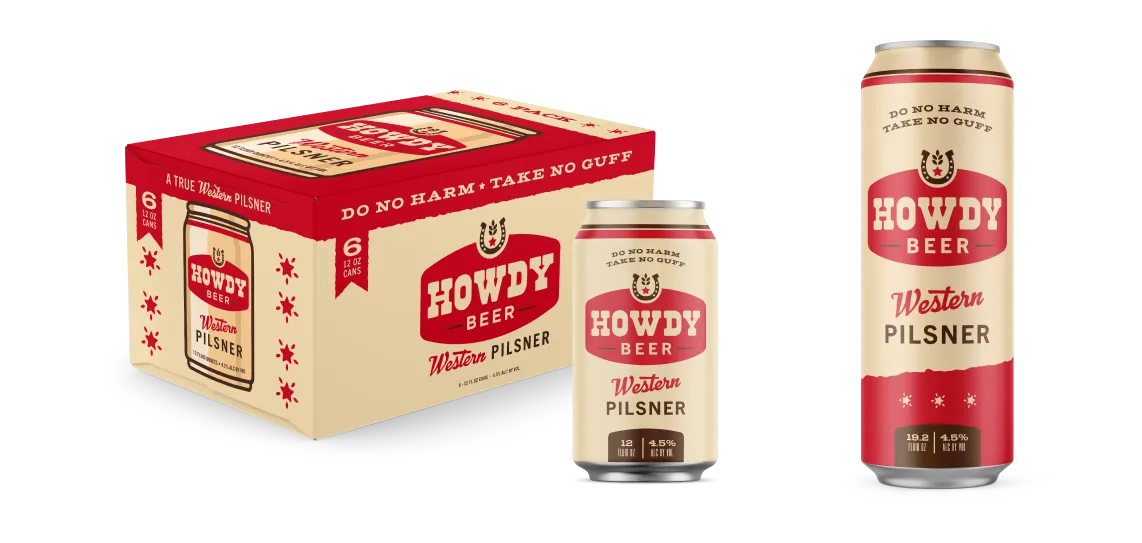 Howdy Western Pilsner 6-pack, 12 oz can, and 16 oz can renderings
