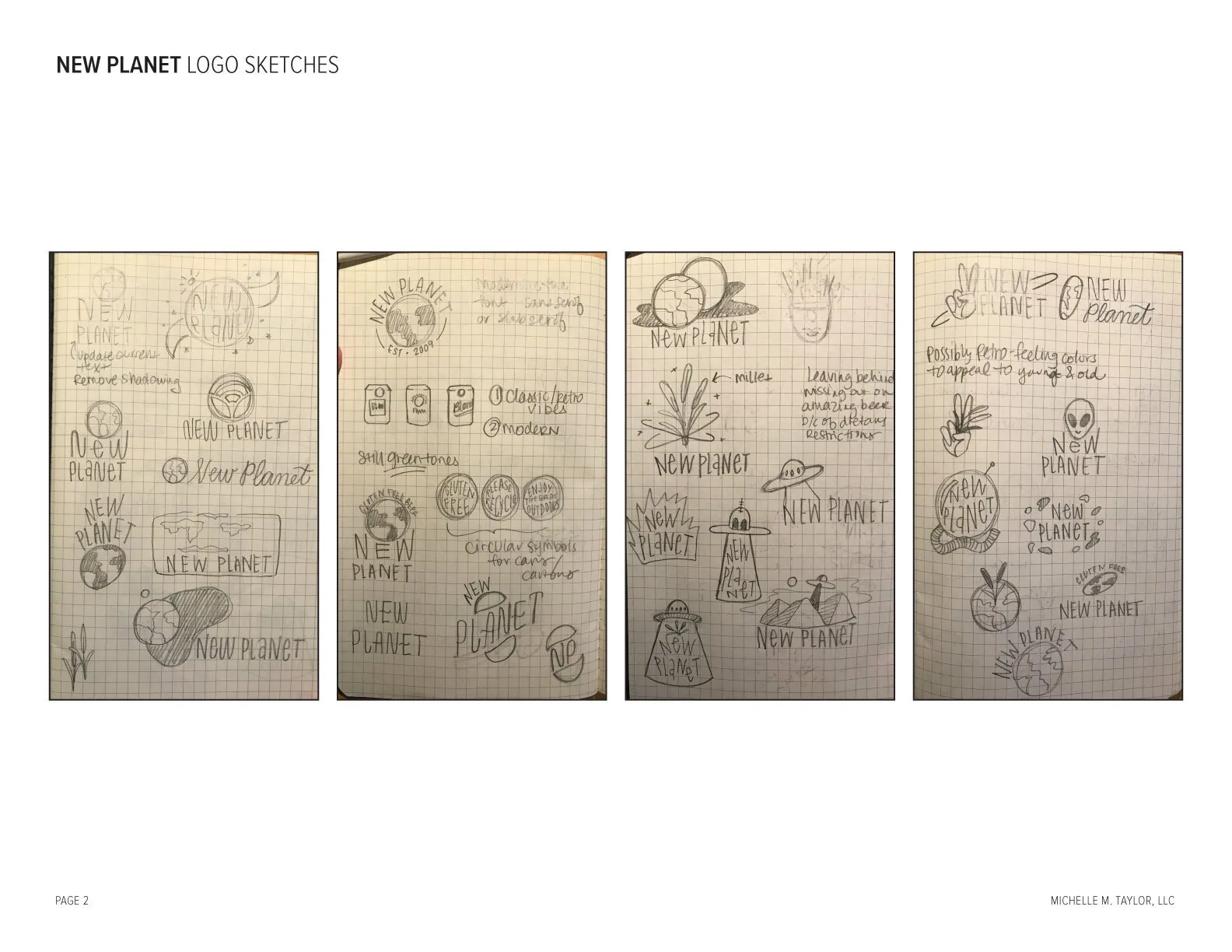 Client deck page: New Planet logo sketches on notebook paper