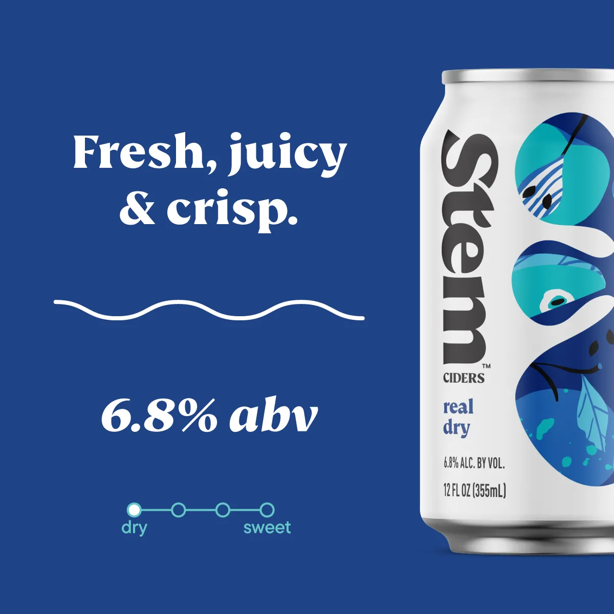 Real Dry social graphic — 'Fresh, juicy & crisp. 6.8% abv' on navy with the can