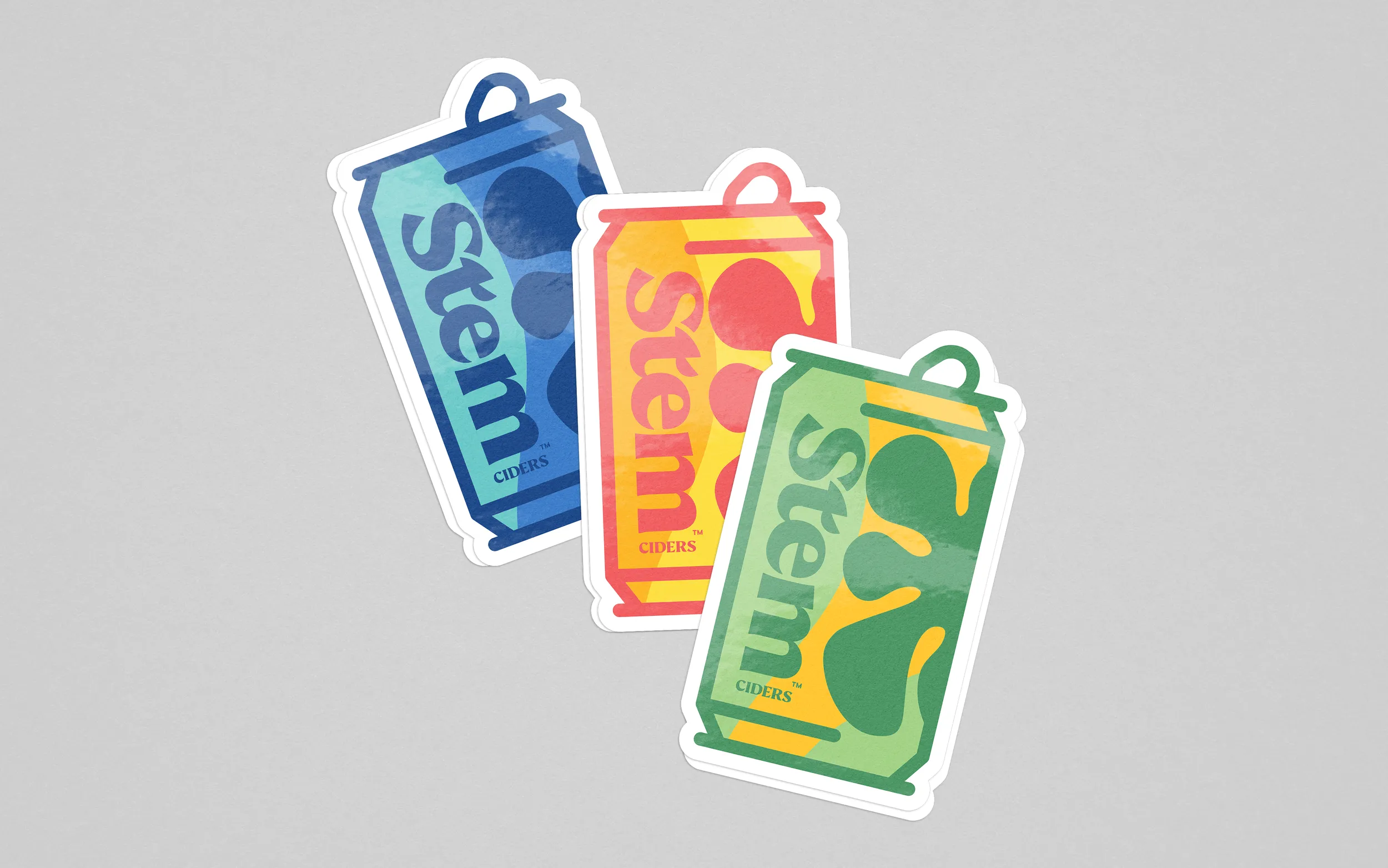 Three die-cut stickers of Stem cans — Real Dry, Chile Guava, Pear
