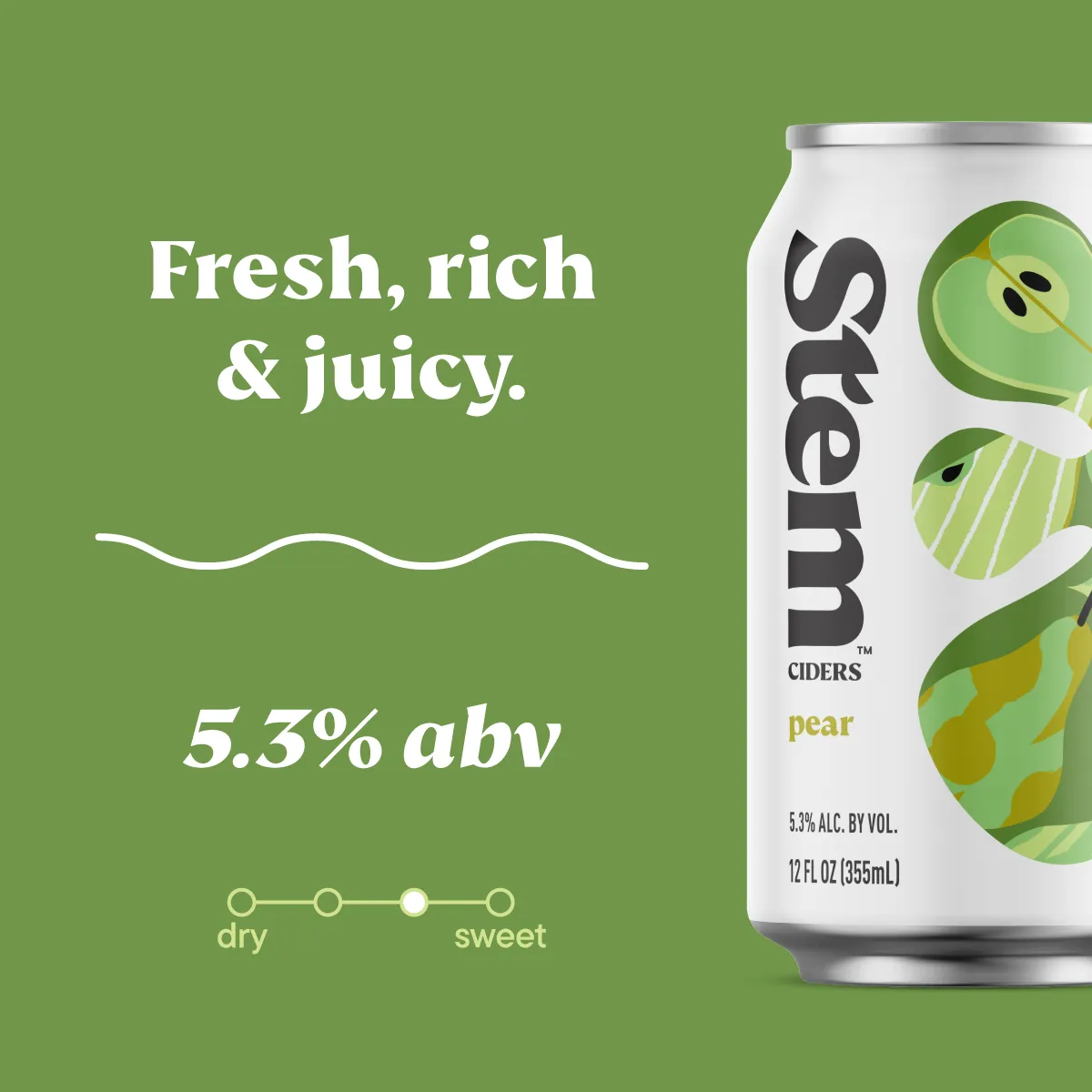 Pear social graphic — 'Fresh, rich & juicy. 5.3% abv' on green with the can