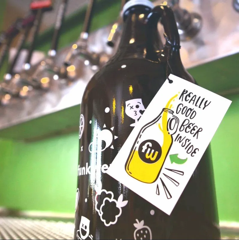 Illustrated growler with a 'Really Good Beer Inside' hang tag at the taproom