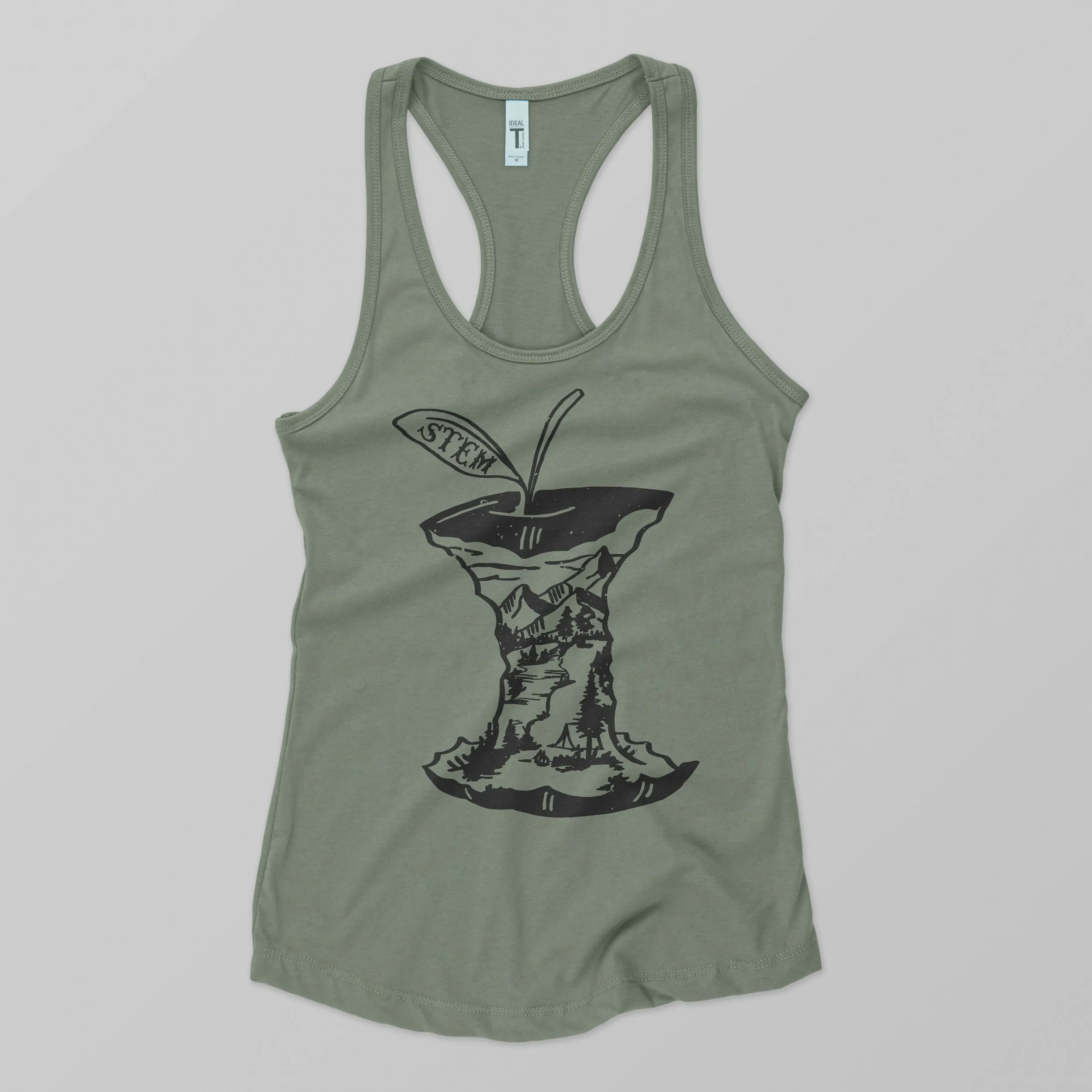 Olive tank top with an apple core illustration