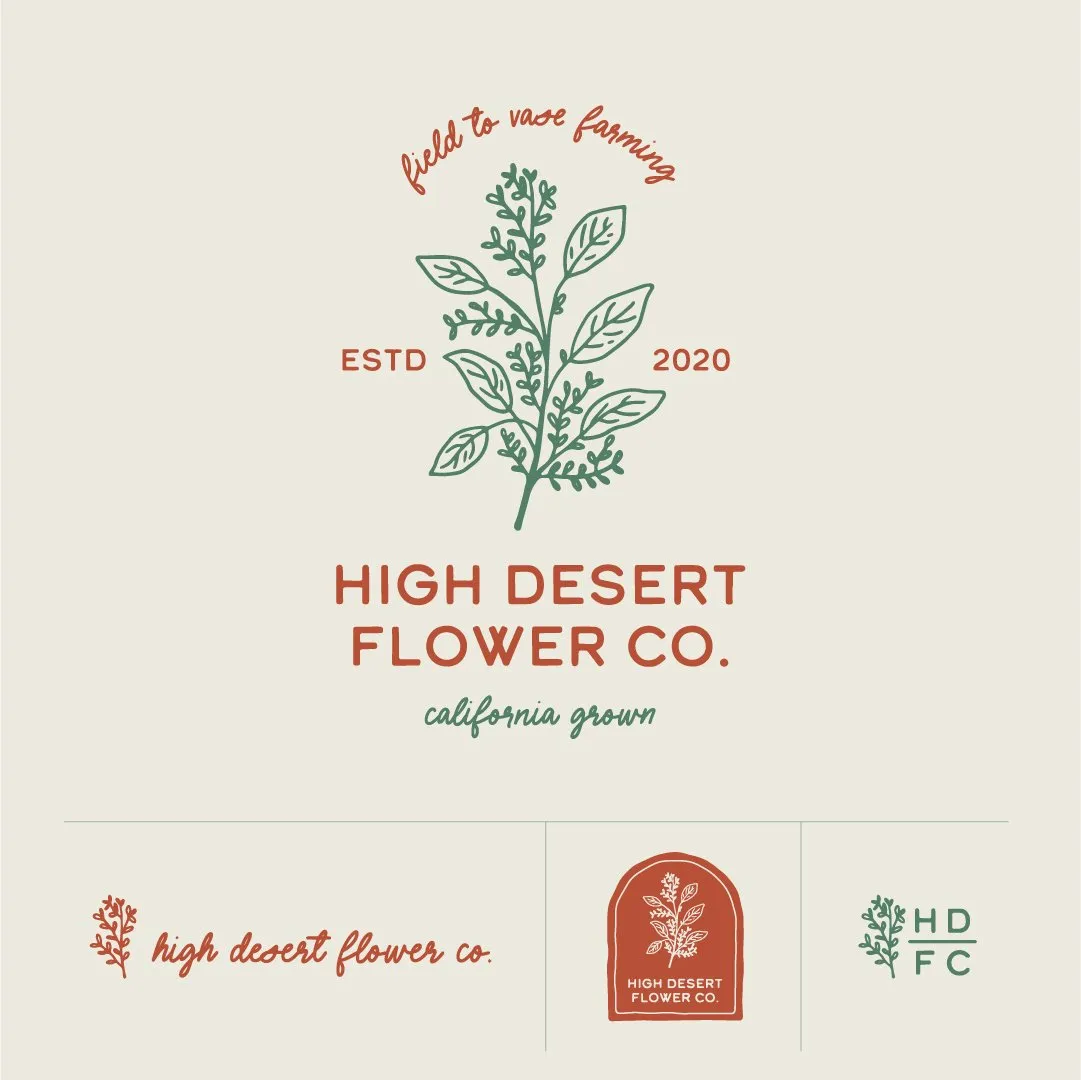High Desert Flower Co. logo system in red and green on cream