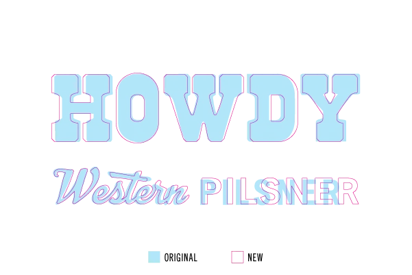 Before/after overlay of the HOWDY Western Pilsner wordmark