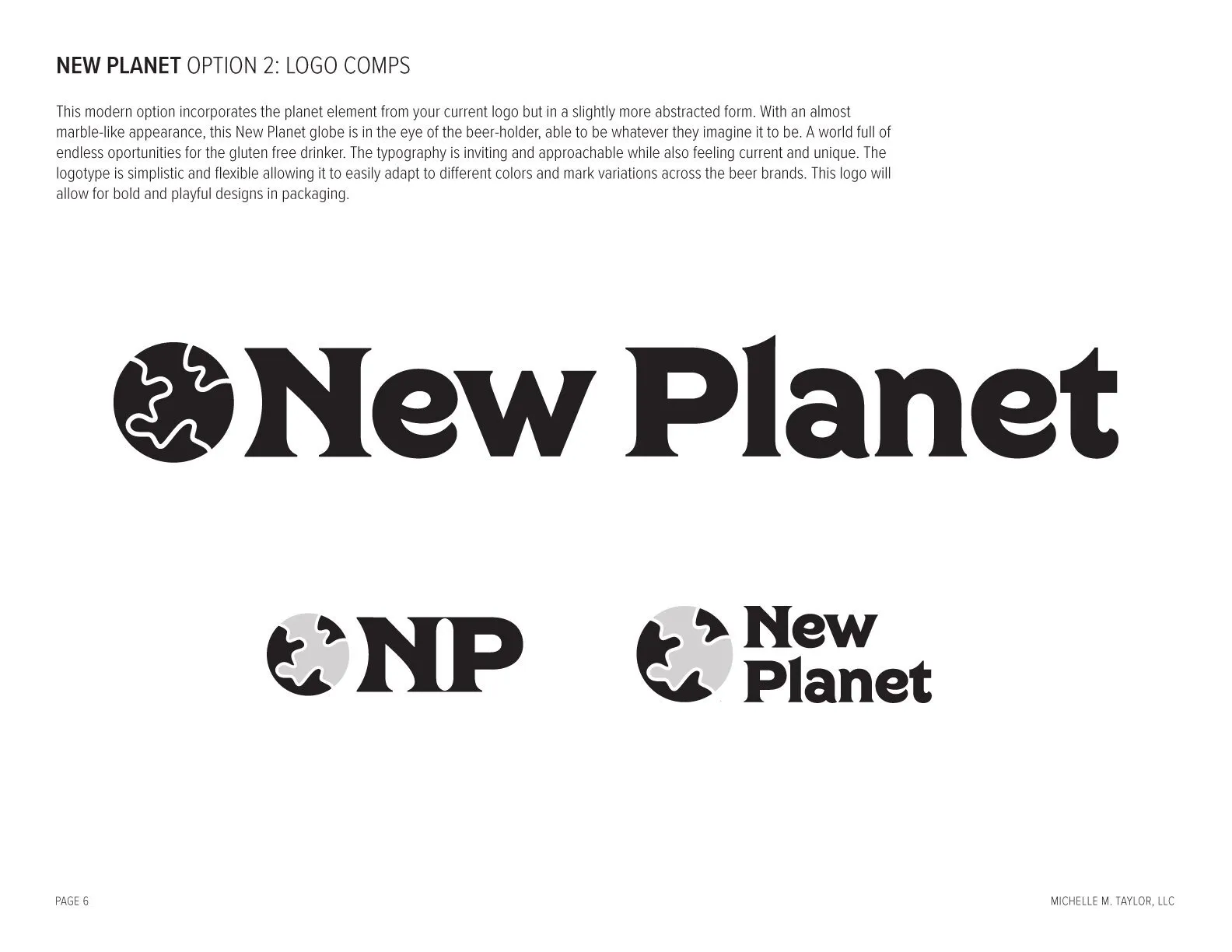 Client deck page: Option 2 logo comps — 'New Planet' wordmark and NP monogram
