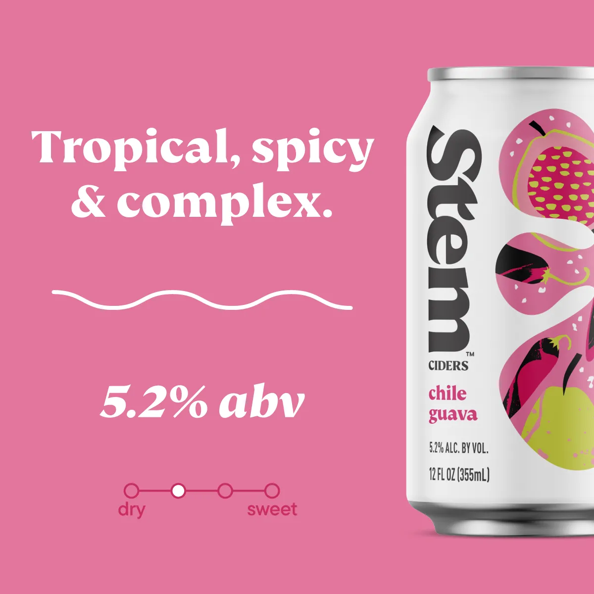 Chile Guava social graphic — 'Tropical, spicy & complex. 5.2% abv' on pink with the can