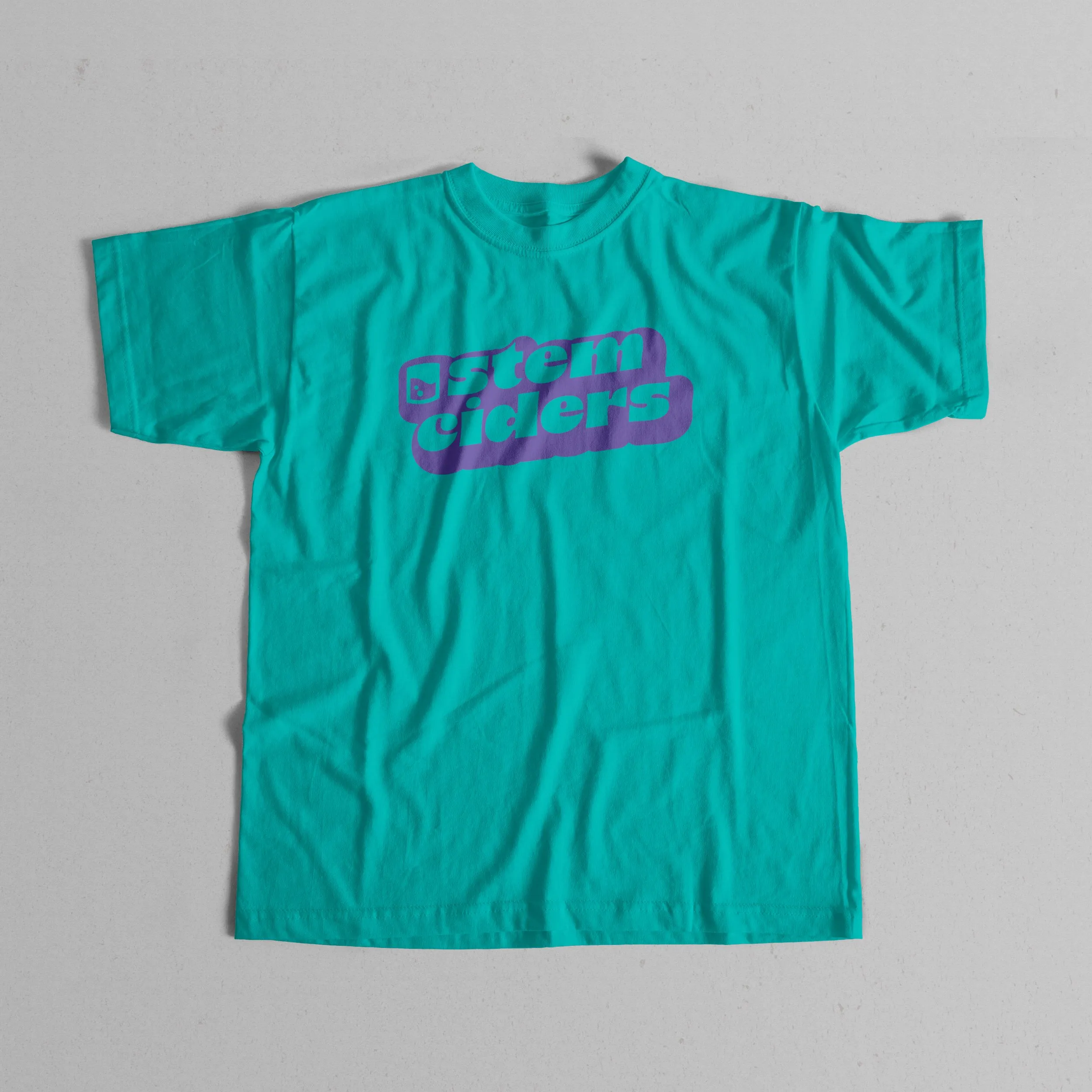 Teal t-shirt with purple neon-style Stem lettering