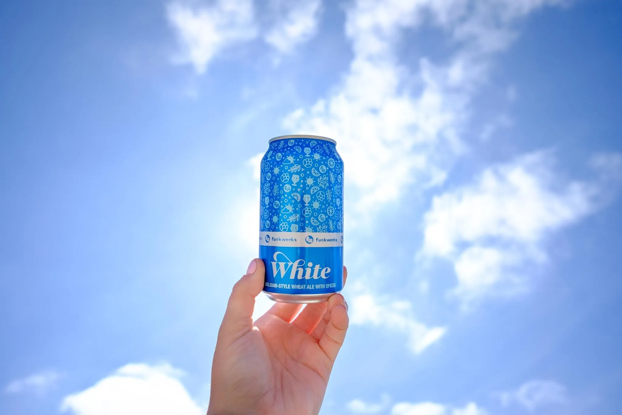 Hand holding a Funkwerks White can up to a blue sky