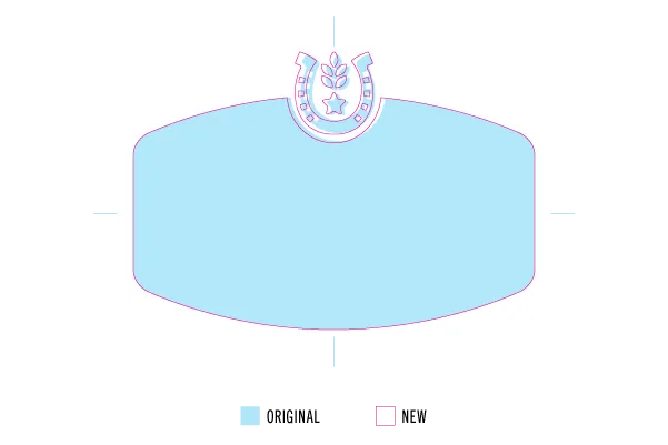 Before/after overlay of the badge shape and horseshoe