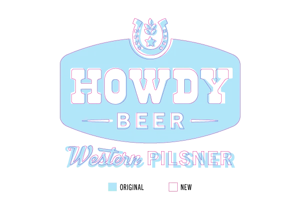 Before/after overlay of the full Howdy Beer badge lockup