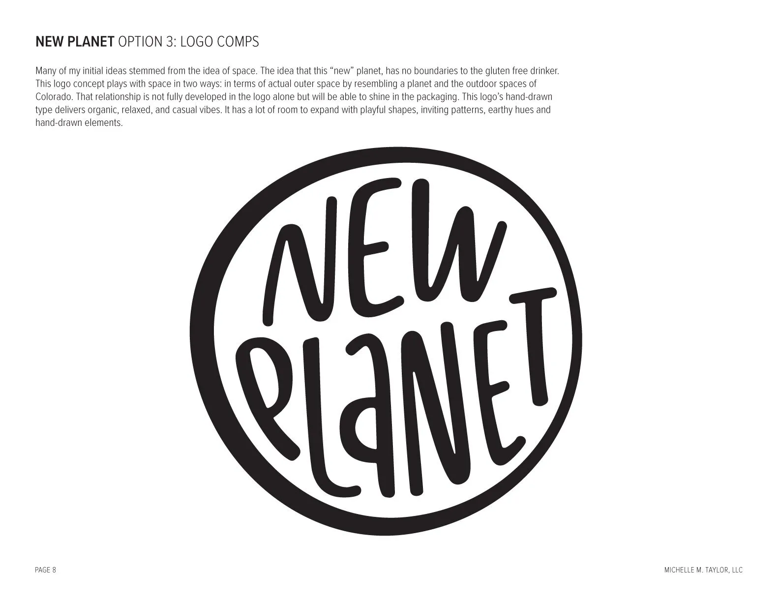 Client deck page: Option 3 logo comp — hand-lettered New Planet in a circle