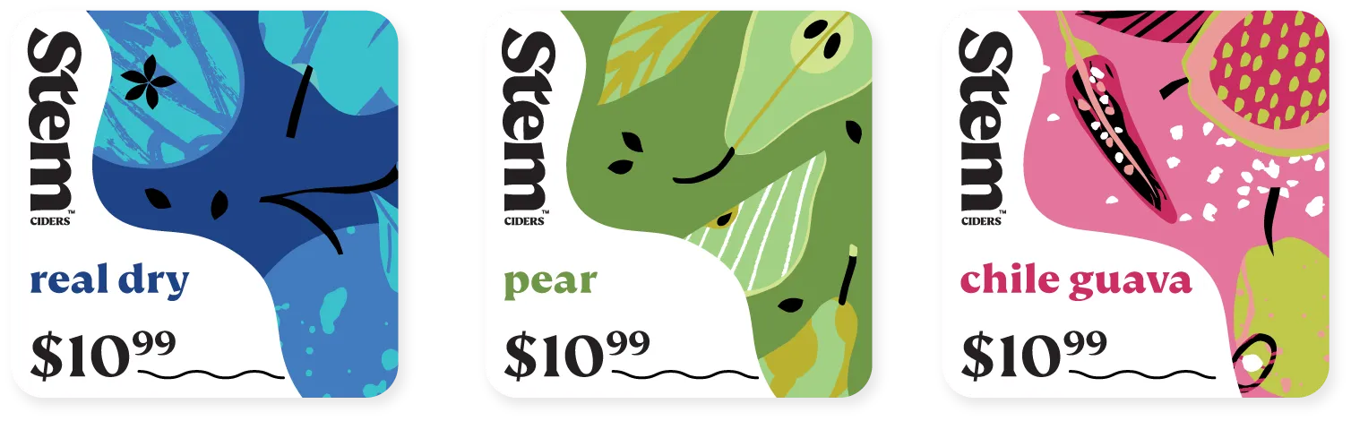 Three $10.99 shelf tags for Real Dry, Pear, and Chile Guava