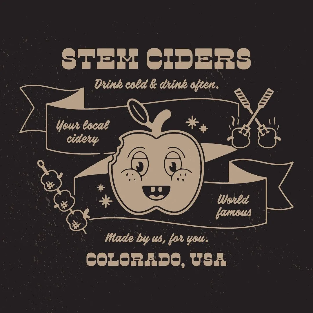 Stem Ciders 'Drink cold & drink often' apple mascot badge on black
