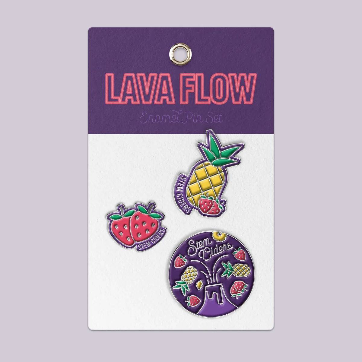 Lava Flow enamel pin set on a backing card