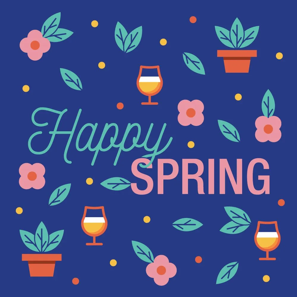 'Happy Spring' pattern with flowers, plants, and cider glasses on navy