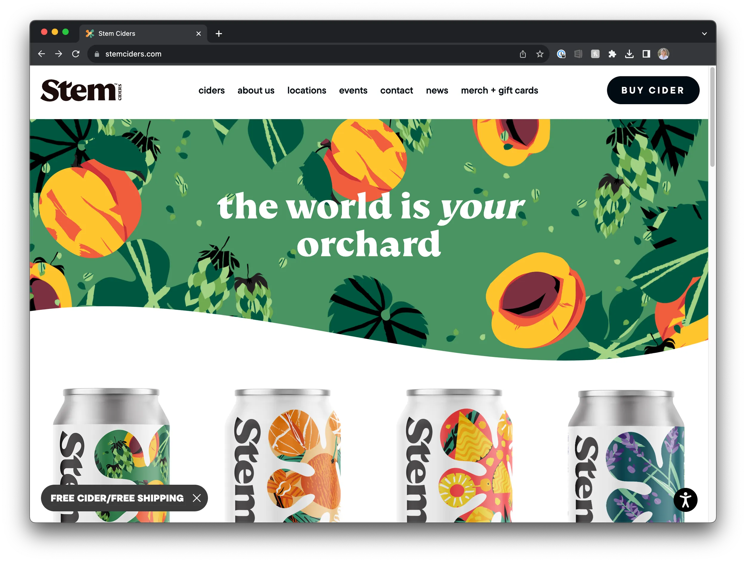 Stem Ciders website homepage — 'the world is your orchard' with Apricot Haze artwork