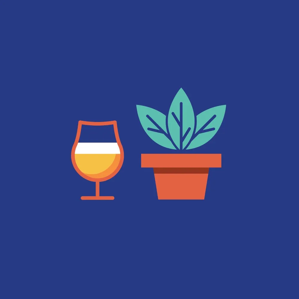 Cider glass and potted plant icons on blue