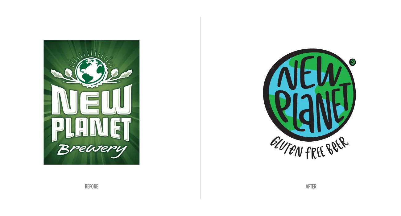 Before and after: old green New Planet Brewery badge next to the new hand-lettered circle logo