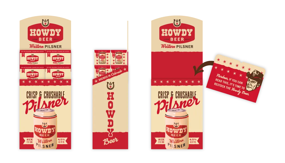 Howdy case stacker panels with Crisp 'n Crushable Pilsner artwork