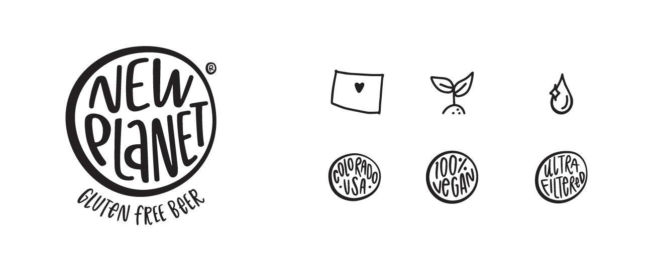 New Planet logo with supporting brand icons — Colorado, plant, water drop, and gluten-free badges