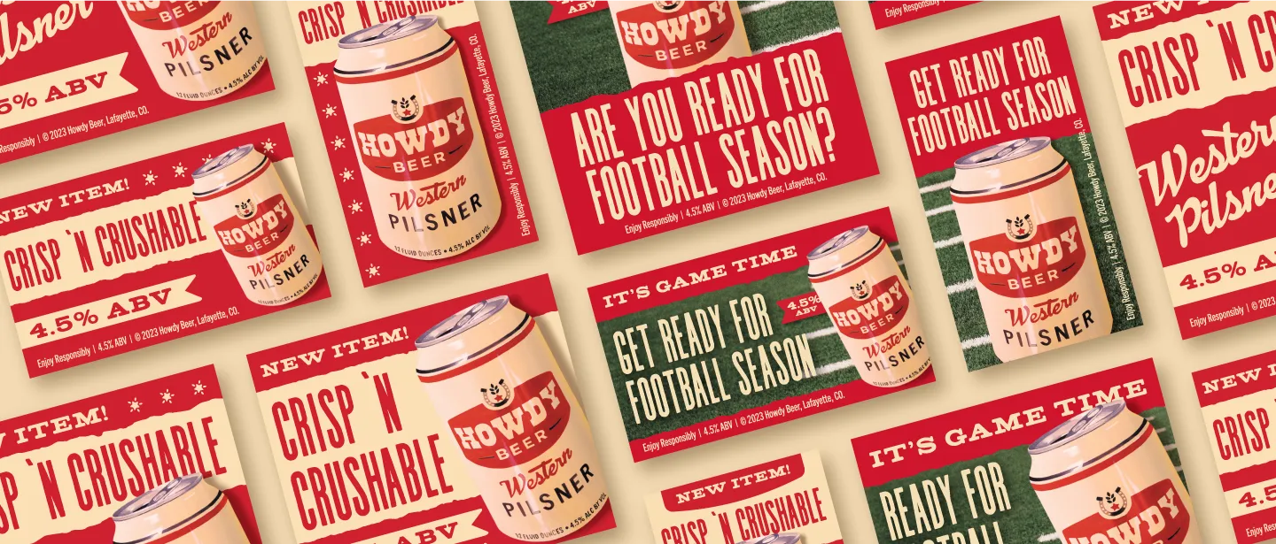 Grid of Howdy point-of-sale shelf tags for launch and football season