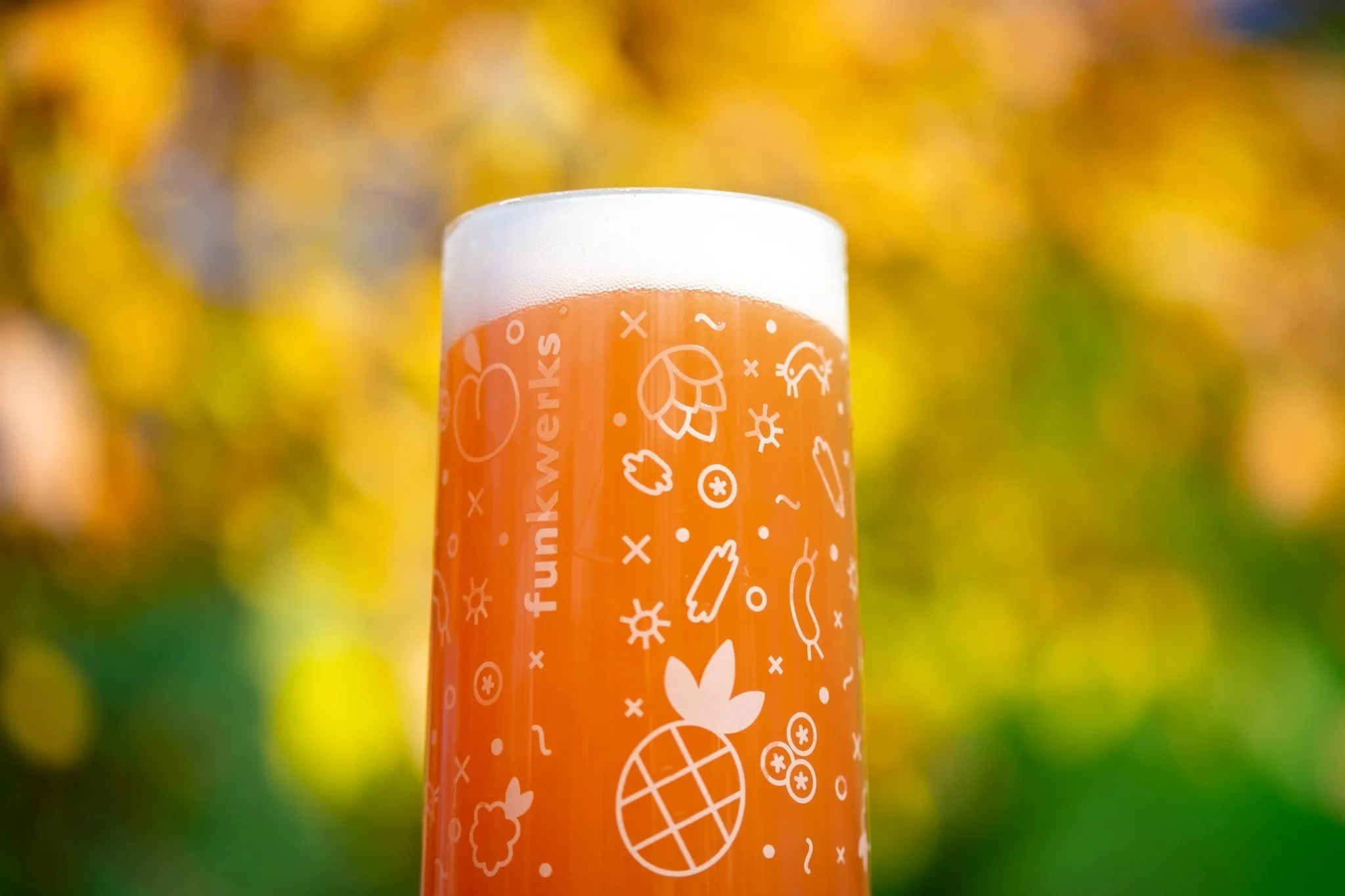 Funkwerks pint glass with white line illustrations against fall leaves