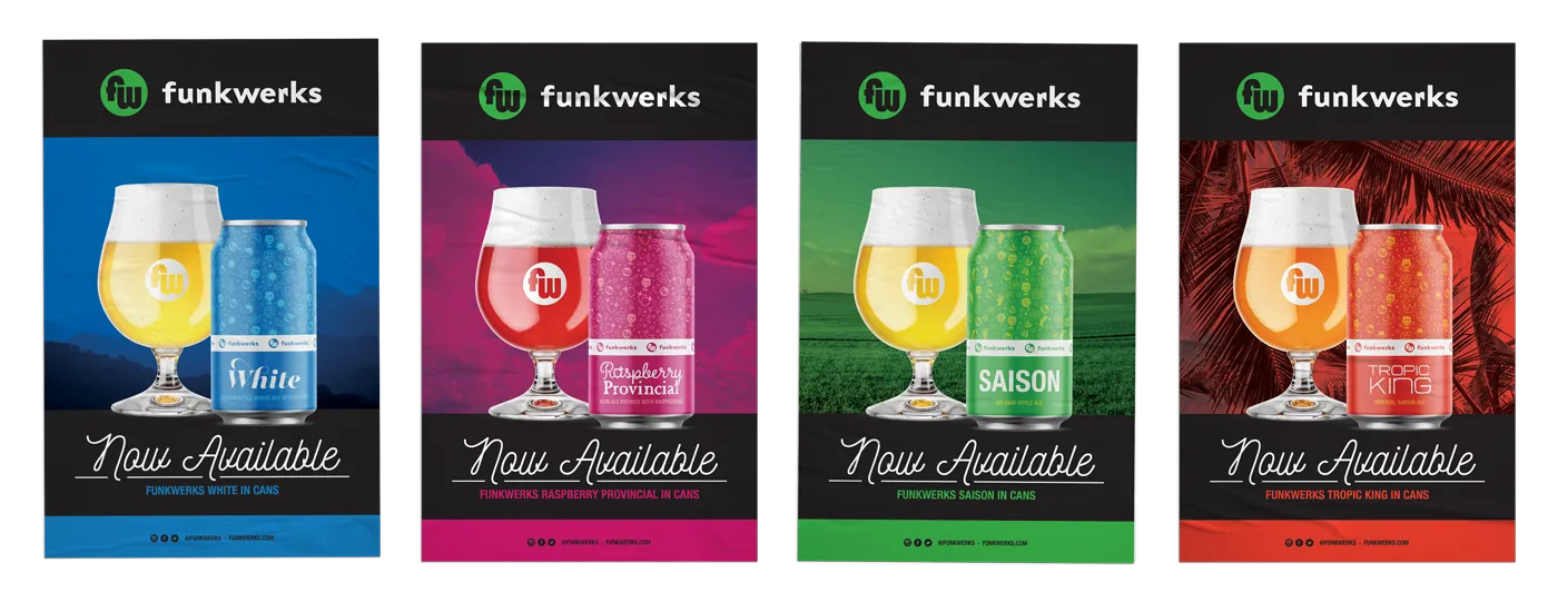 Three 'Now Available' launch posters featuring beer glasses