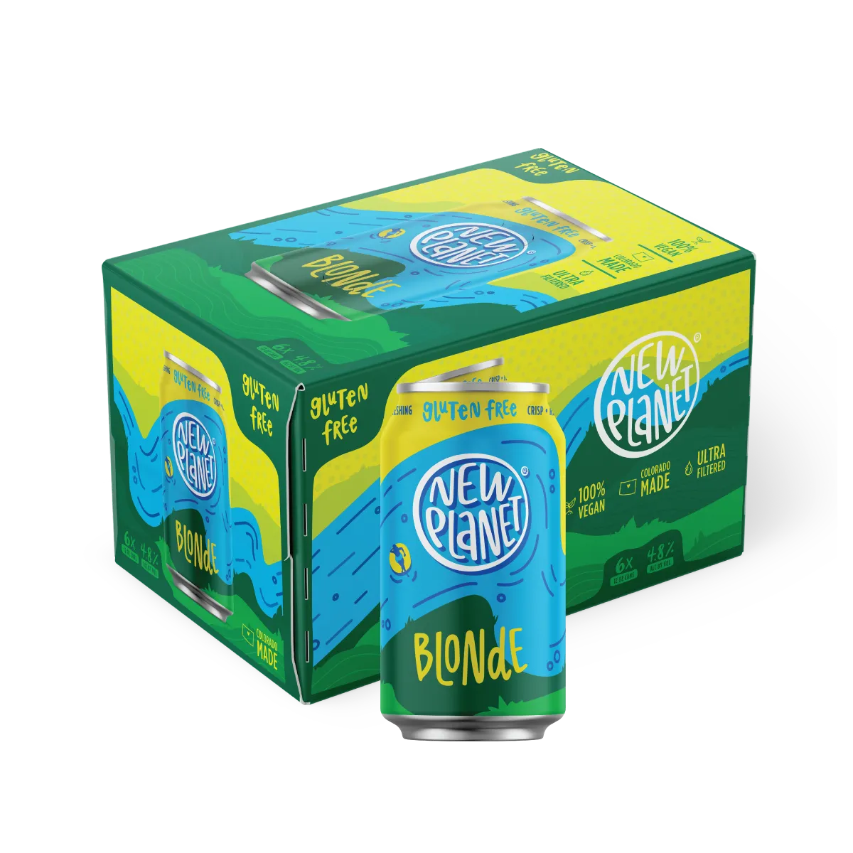 New Planet Blonde 6-pack wrap in green and blue with a can