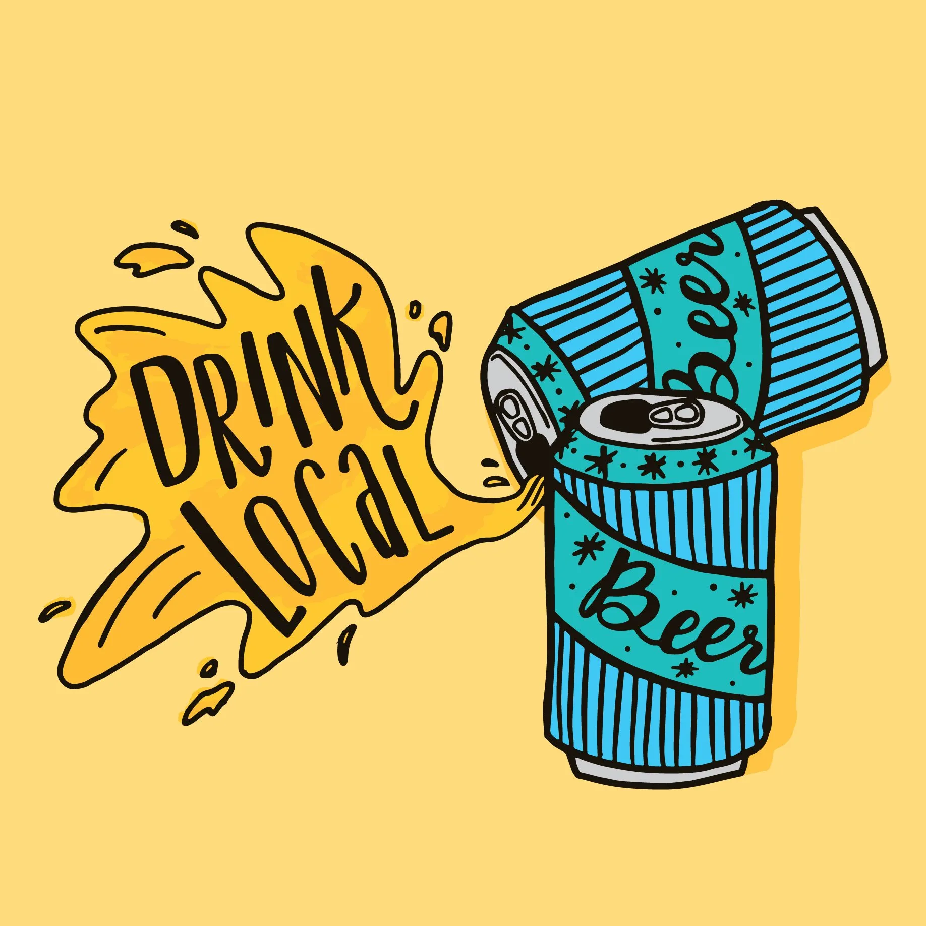 'Drink Local' lettering with a crushed beer can illustration