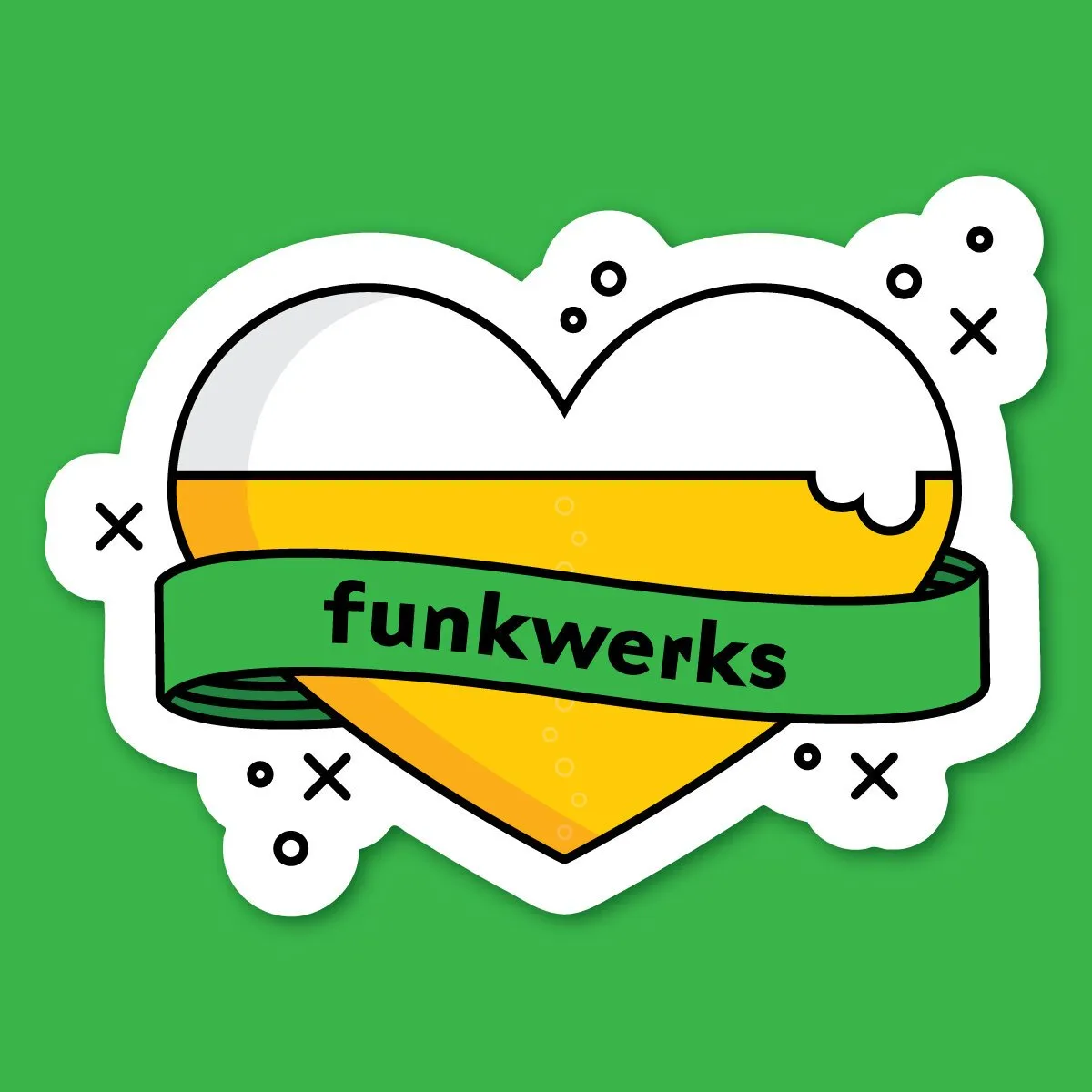 Funkwerks beer-heart sticker illustration on green