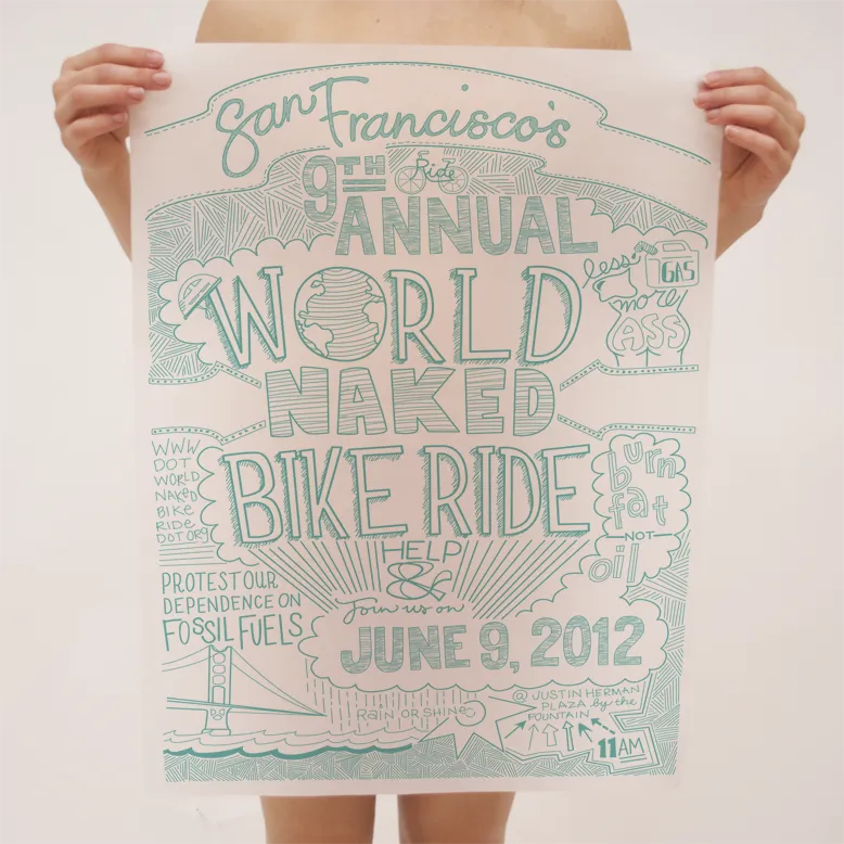San Francisco World Naked Bike Ride 2012 hand-lettered poster, teal