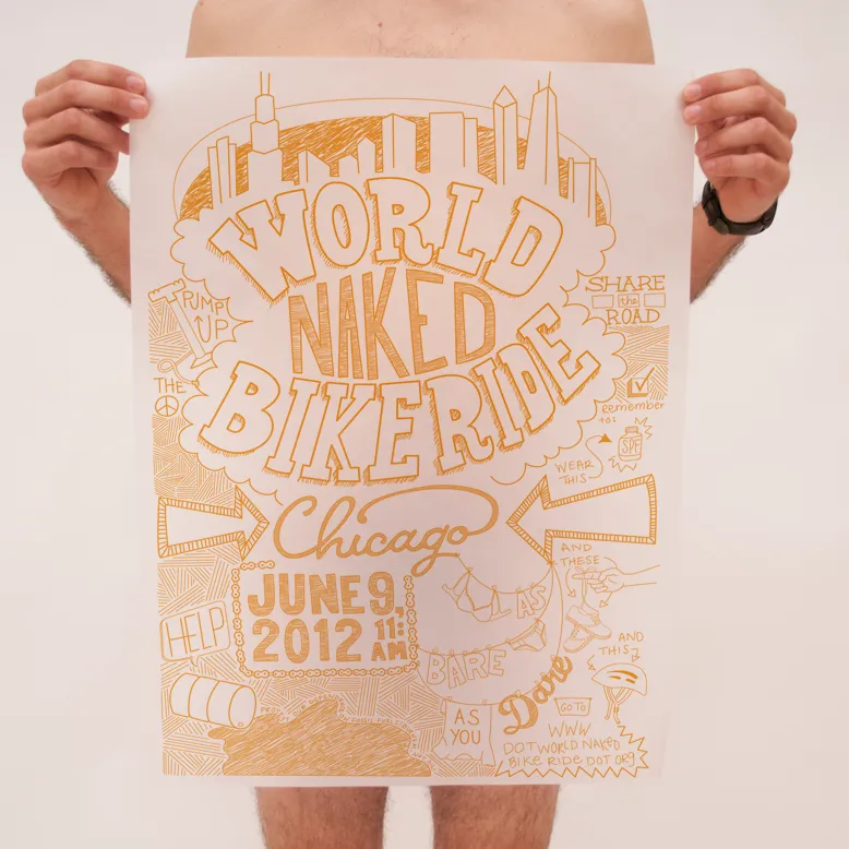 Chicago World Naked Bike Ride 2012 hand-lettered poster, orange