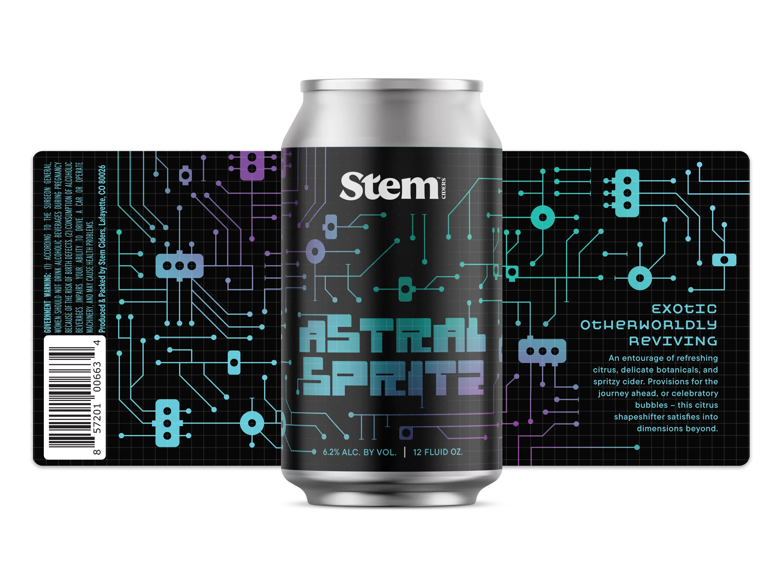 Astral Spritz 12 oz can mockup with circuit-board artwork