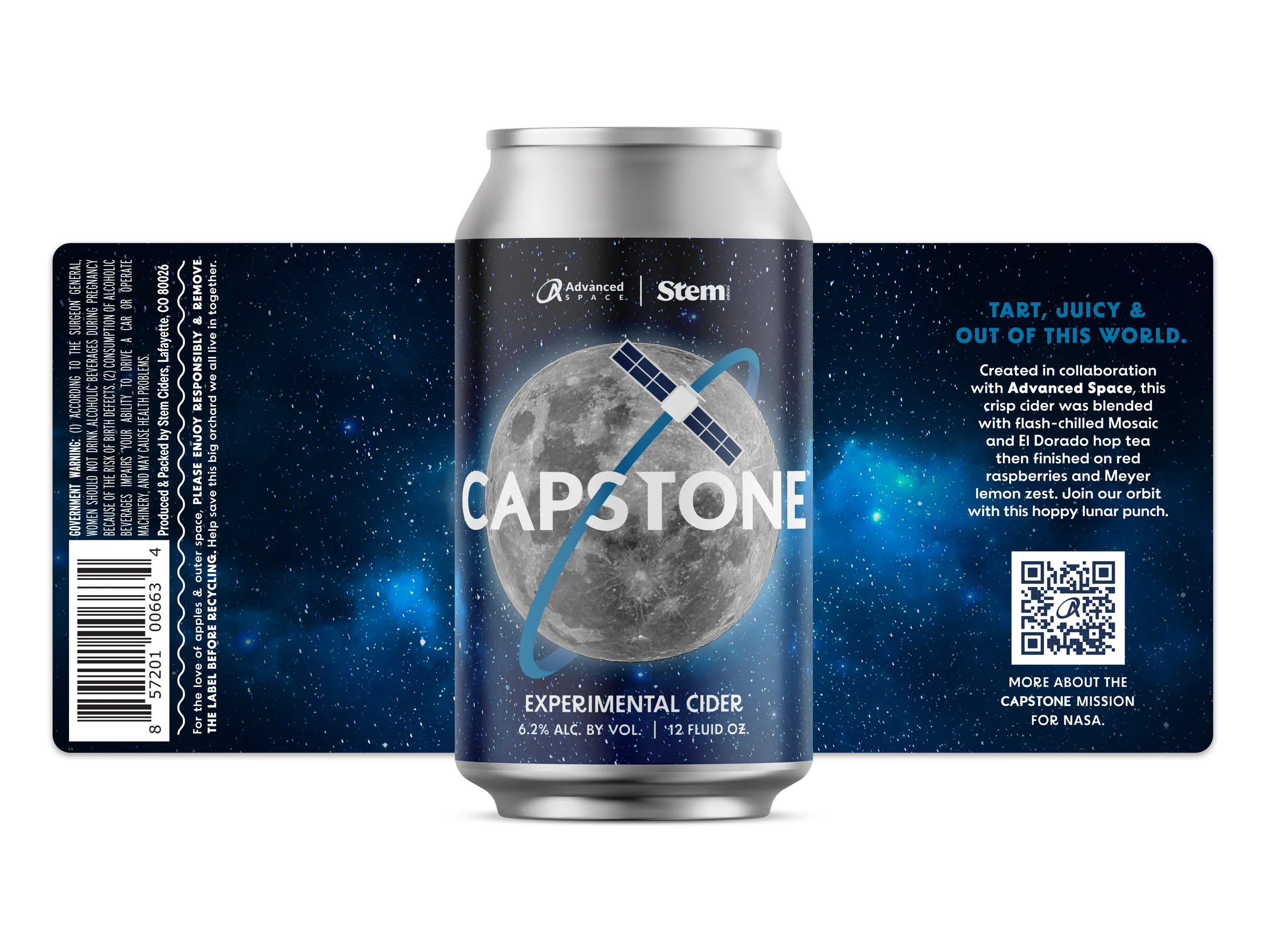Capstone 12 oz can mockup featuring the moon and a QR code